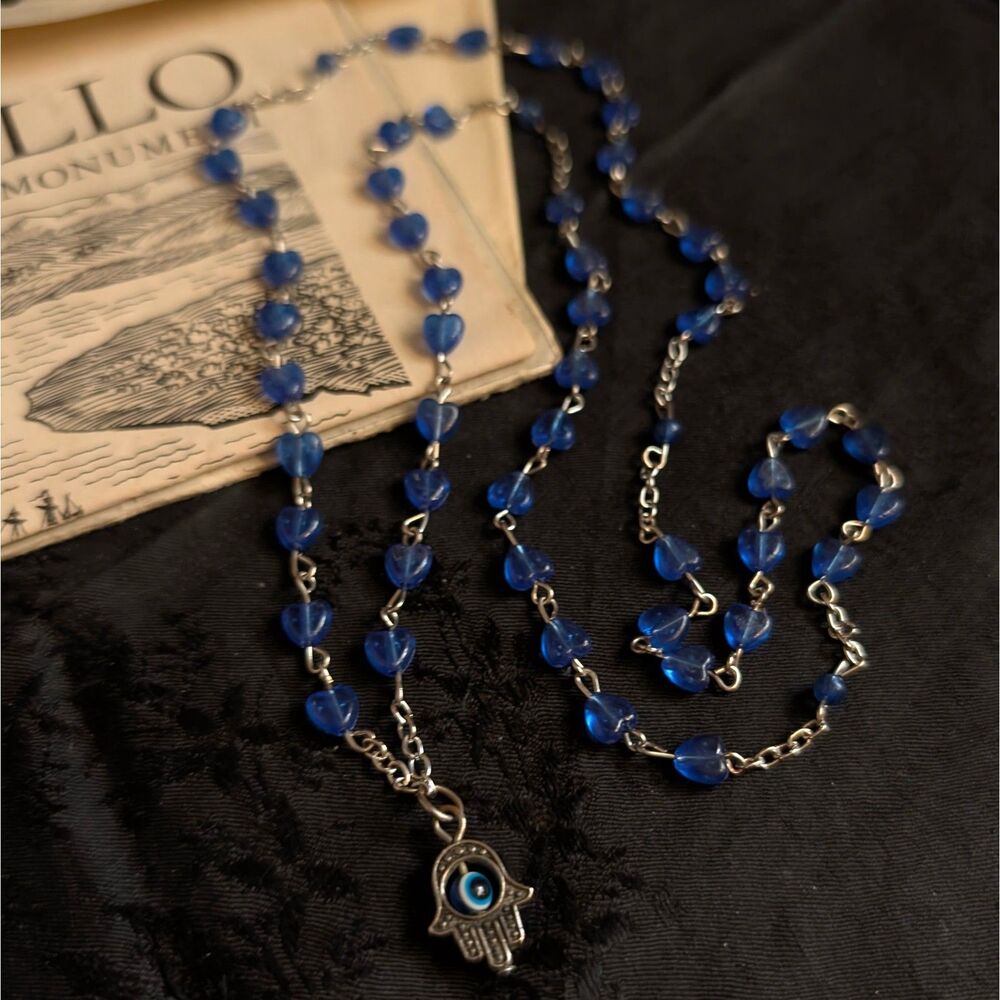Evil Eye Hamsa Hand Beaded Rosary Style Necklace Blue Silver Heart